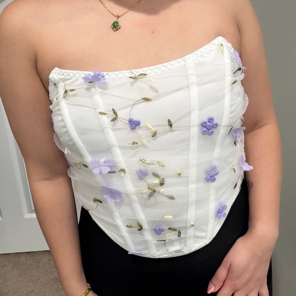 SHEIN White Corset Top with Purple Floral Accents
